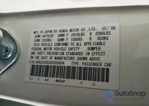 2009 Acura Tsx z USA, uszkodzony, nr VIN JH4CU266X9C009694